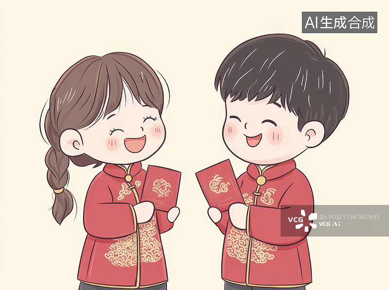 【AI数字艺术】卡通男孩女孩春节过年拜年拿红包图片素材