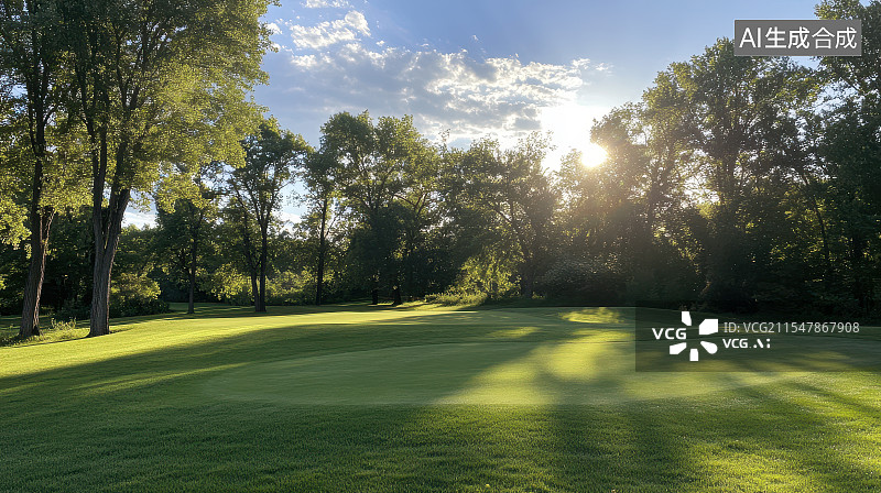 【AI数字艺术】晴朗天气逆光环境下阳光穿过草地和树林图片素材