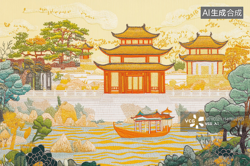 【AI数字艺术】中国风古建筑春天花开海报背景图片素材