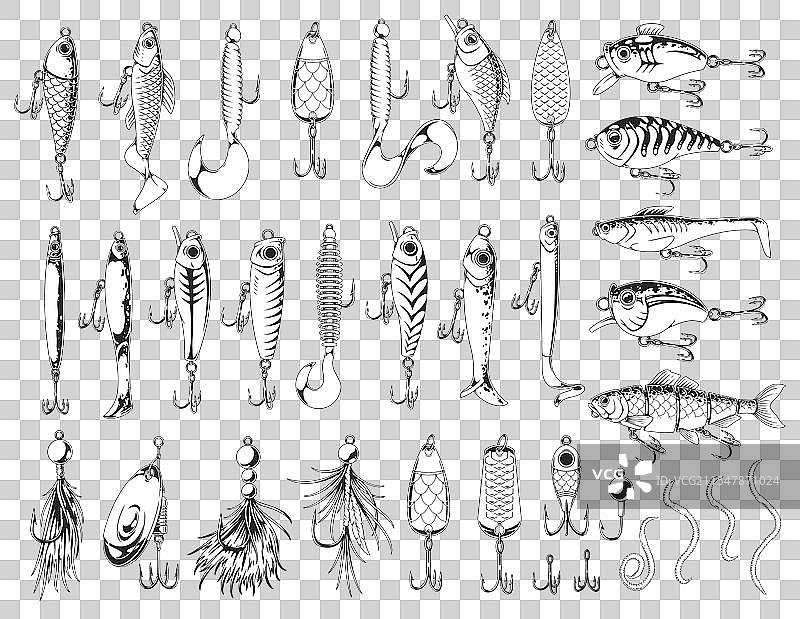 艺术性地排列的钓鱼饵和钩子图片素材