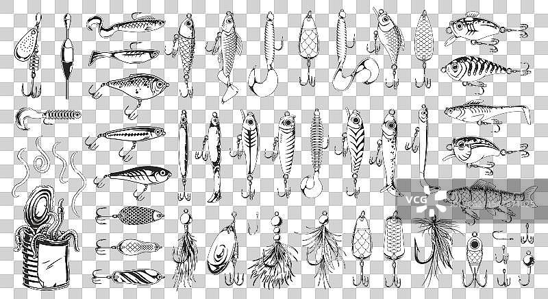 各种钓鱼饵和钩子的展示图片素材