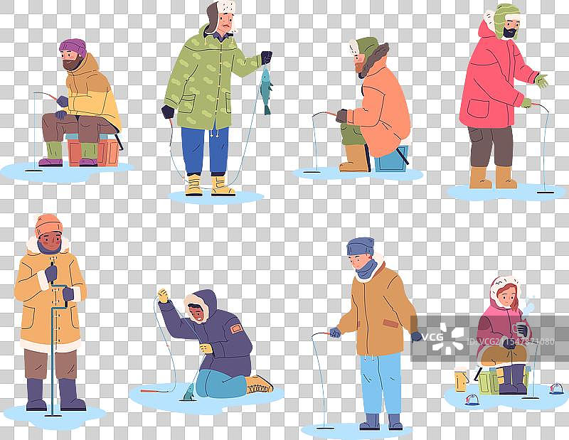 冬季钓鱼者卡通钓鱼者在冰上钓鱼图片素材