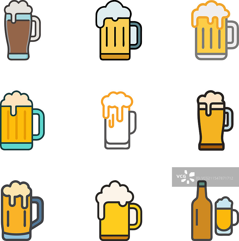 一套啤酒杯、啤酒 mug、丝带、瓶子和啤酒花图片素材