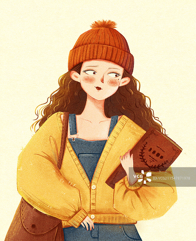 戴帽子抱着书本的长发女孩手绘插画图片素材