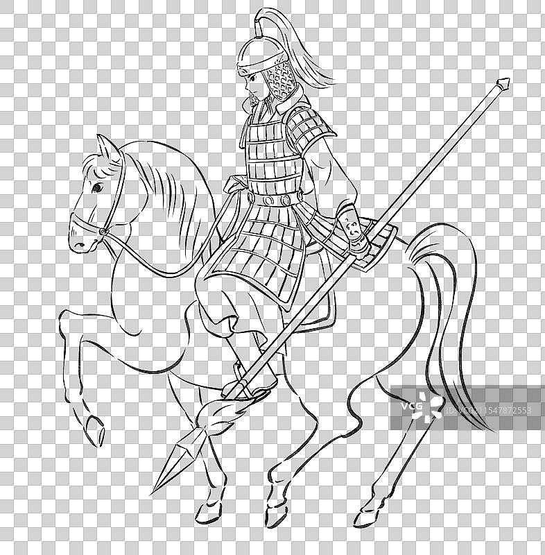一个骑马的古代将军手绘历史人物插画元素图片素材
