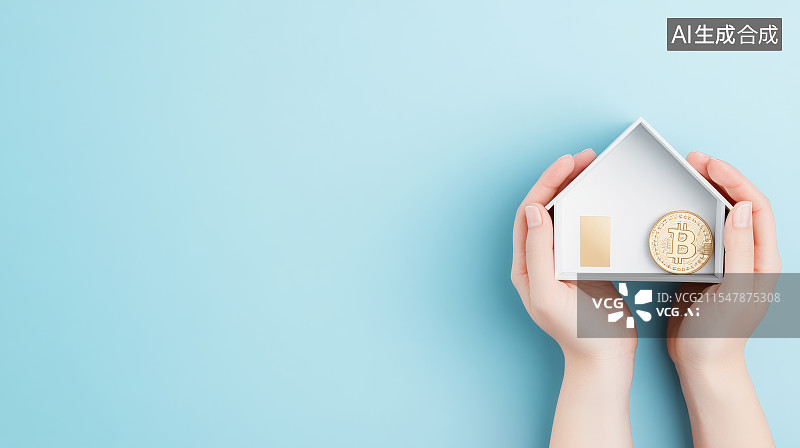 【AI数字艺术】蓝色背景中的双手拿着小房子图片素材