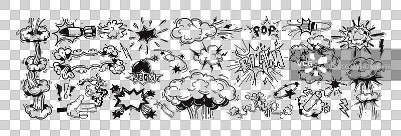 手绘涂鸦漫画炸弹爆炸，伴随“轰”的声音图片素材