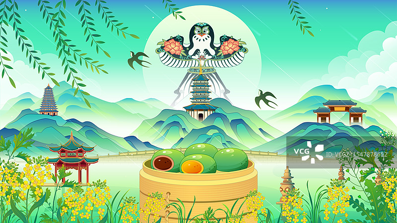 杭州古建筑清明青团风筝油菜花国风矢量插画图片素材