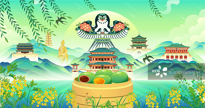 西安古建筑清明青团风筝油菜花国风矢量插画图片素材