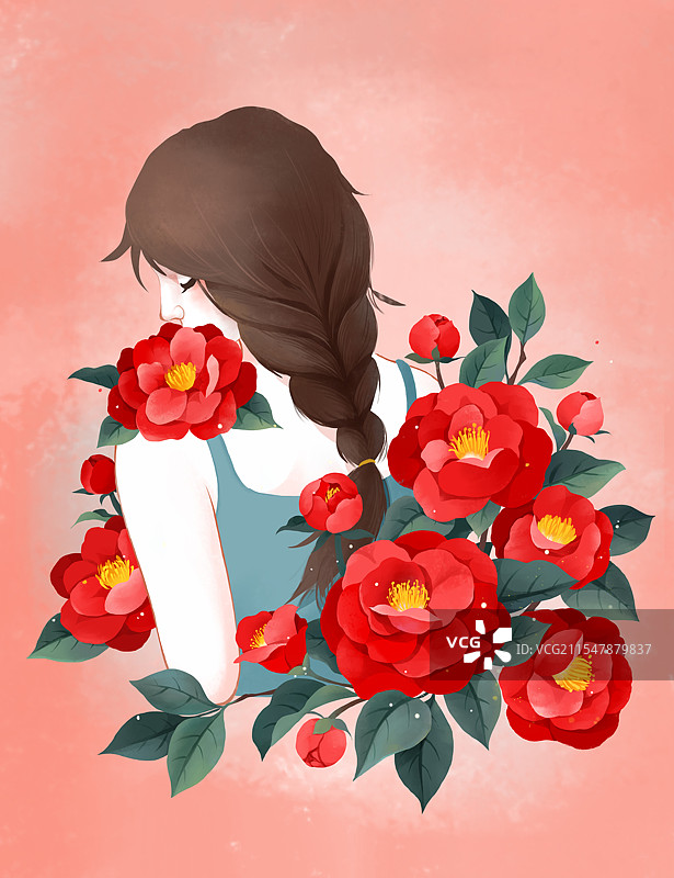 春天节气插画三八妇女节女人和山茶花分层文件图片素材