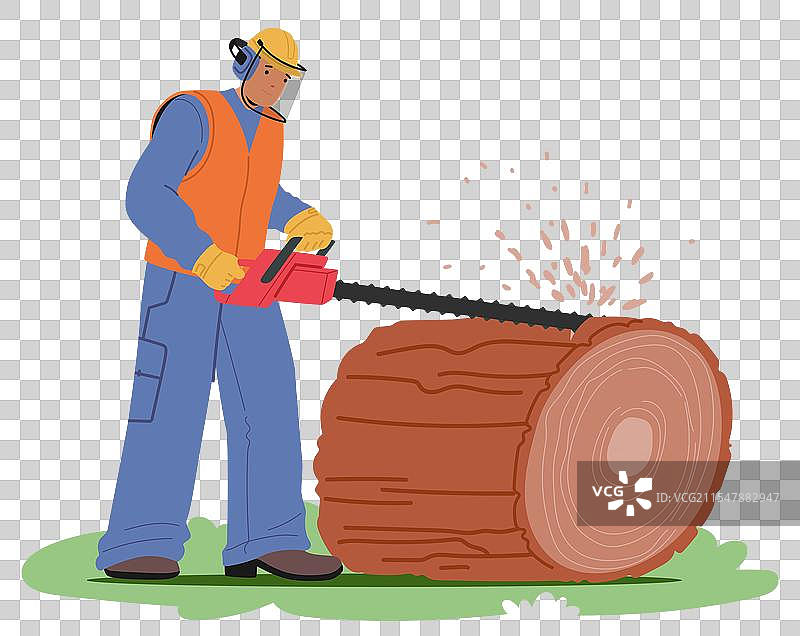 穿着防护装备的工人使用链锯进行切割图片素材