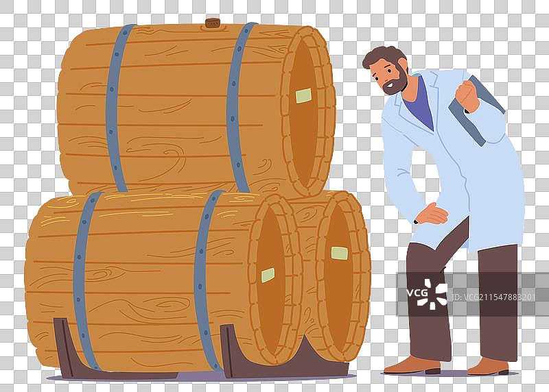 穿着实验室外套的葡萄酒专家检查大型木桶图片素材