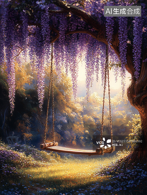 【AI数字艺术】春天的紫藤花——氛围感插画背景图片素材