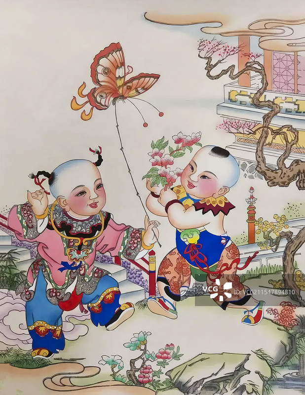 杨柳青木版年画，群宫春色图片素材