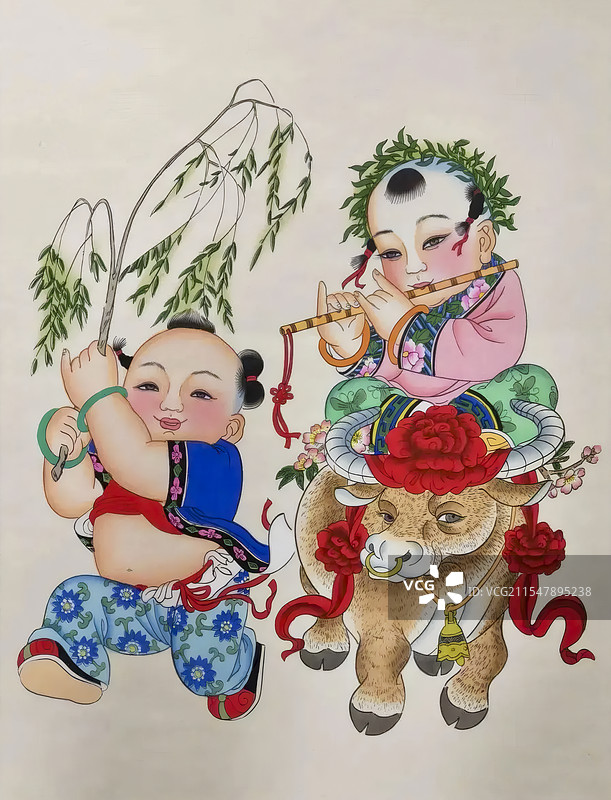 杨柳青木版年画，春牛图，牧童，短笛图片素材