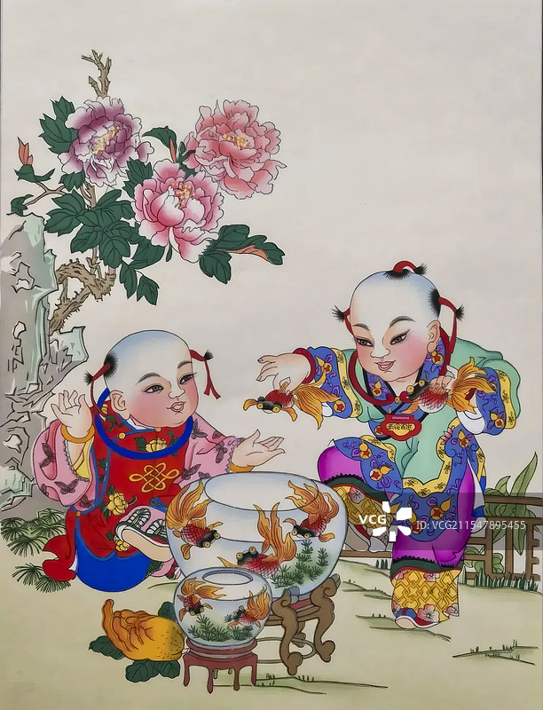 杨柳青木版年画，富贵有余，金鱼，鱼缸，牡丹图片素材