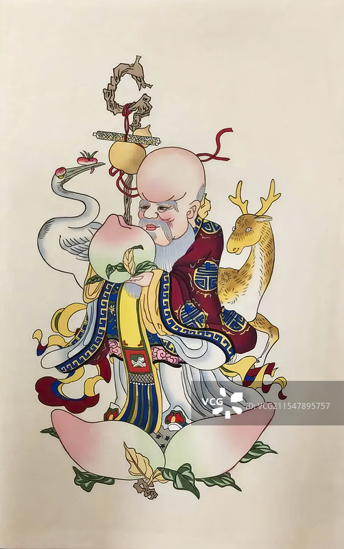 杨柳青木版年画，拄拐捧桃的南极仙翁图片素材