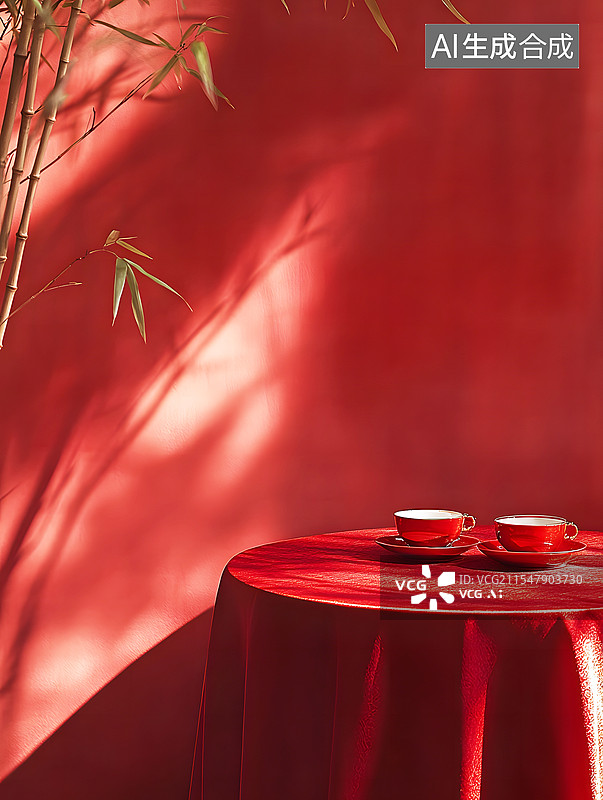 【AI数字艺术】AIGC:新中式风格红色背景下桌子上的茶杯 光影 背景图片素材