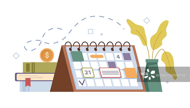 桌面日历或计划本与书籍和植物图片素材