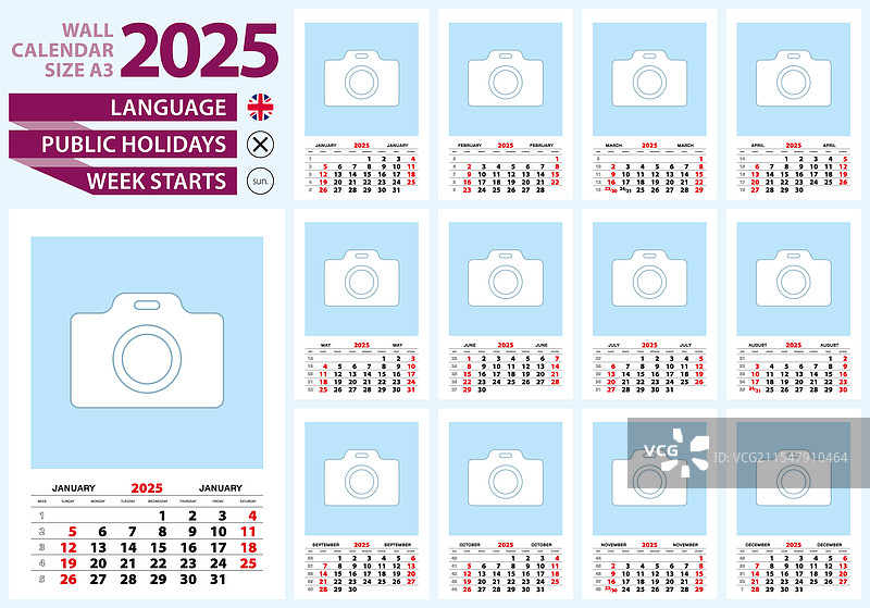 2025年A3尺寸英文周历图片素材