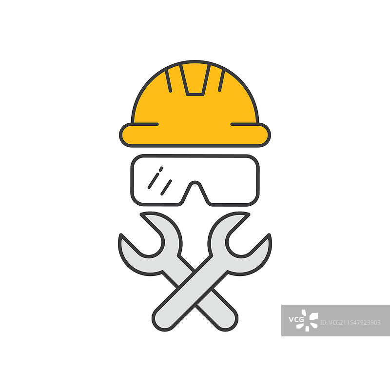 防护眼镜、安全帽和交叉扳手图片素材