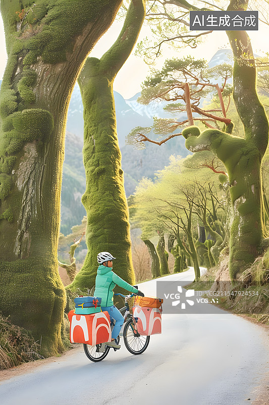 【AI数字艺术】春天的树林和花草，踏青骑行的人，儿童绘本卡通风景插画图片素材