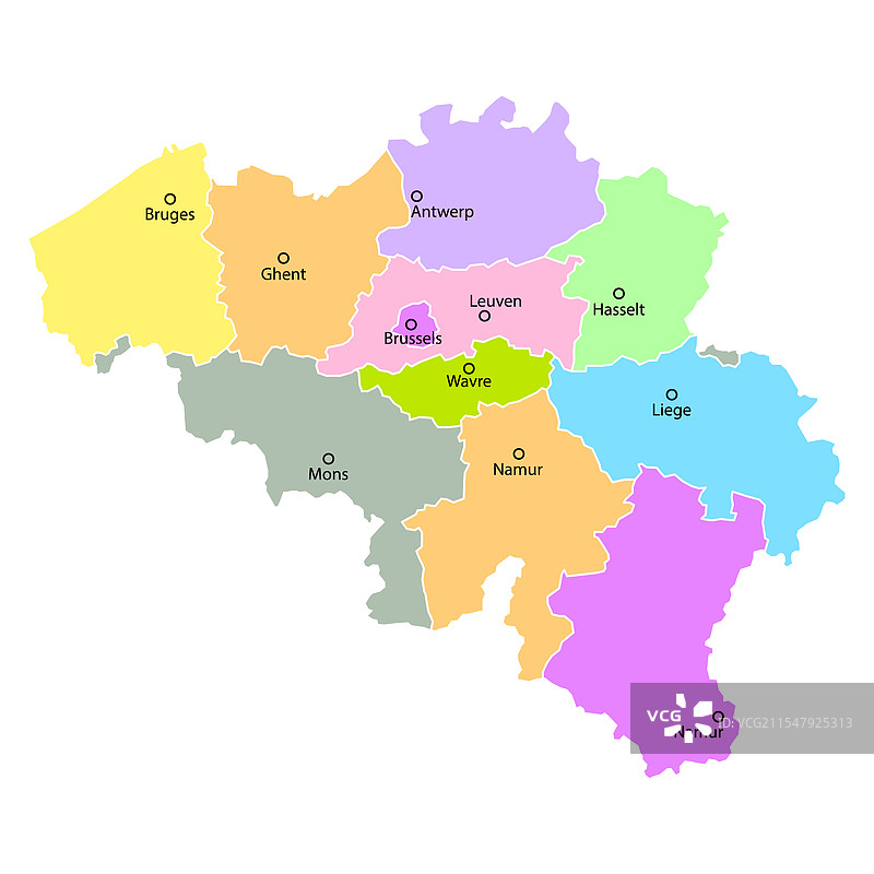 比利时地图，包含地区、城市和颜色标识图片素材