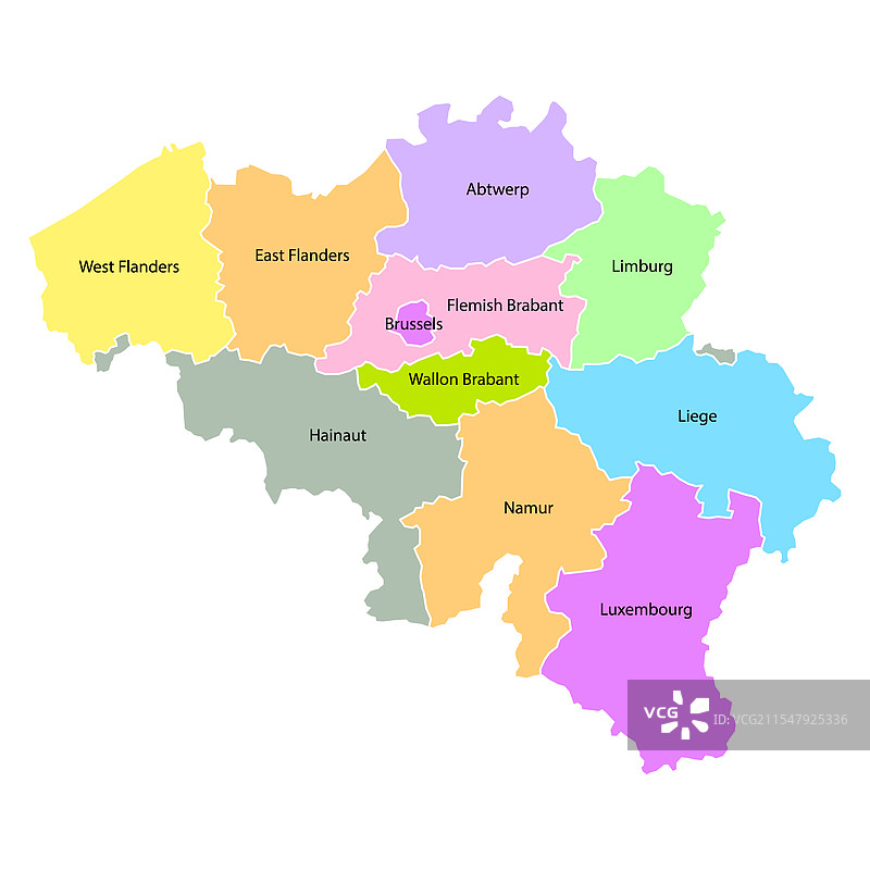 比利时地图，包含地区、城市和颜色标识图片素材