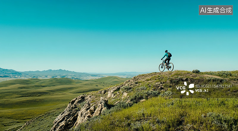 【AI数字艺术】一位骑自行车的人在城市景观前的道路上骑行。背景中可以看到蓝天白云和远处的城市高楼，前景是平静的水面图片素材