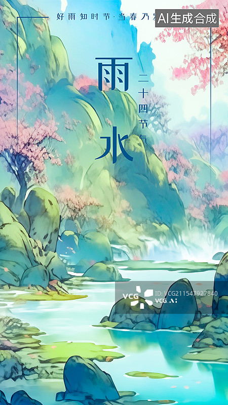 【AI数字艺术】雨水 春季24节气海报模板，现代青绿山水插图 清爽的自然山水 清澈碧绿的河流山川桃花谷小石峰图片素材