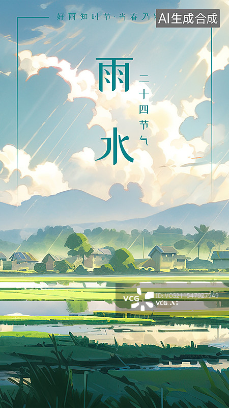 【AI数字艺术】雨水 春季24节气海报模板，降雨的南方农村庄稼田地生长 山脚下一排排房屋和树木 一片万物复苏的景象图片素材