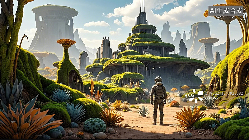 【AI数字艺术】站在外星世界里的人的后视图图片素材