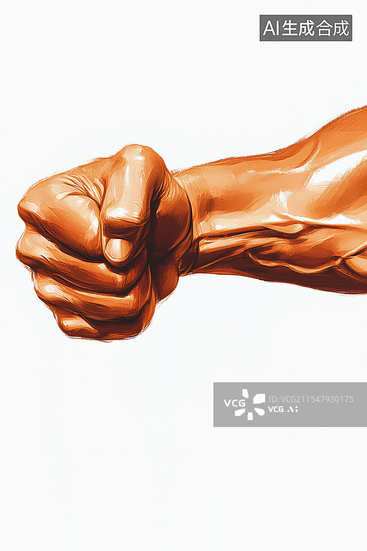 【AI数字艺术】一只紧握的拳头，手臂上的肌肉和血管清晰可见。背景是浅色的，突显了拳头的力量感和肌肉的细节。图片素材