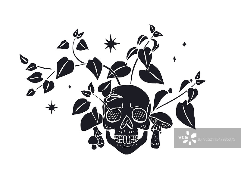 手绘的草图风格人类头骨，周围环绕着图片素材