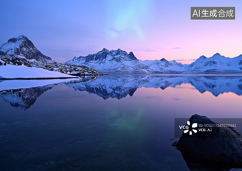 【AI数字艺术】一幅壮丽的自然景观，背景是高耸入云的雪山，前景是一片宁静的湖面。天空中出现了绚丽多彩的极光，色彩斑斓图片素材