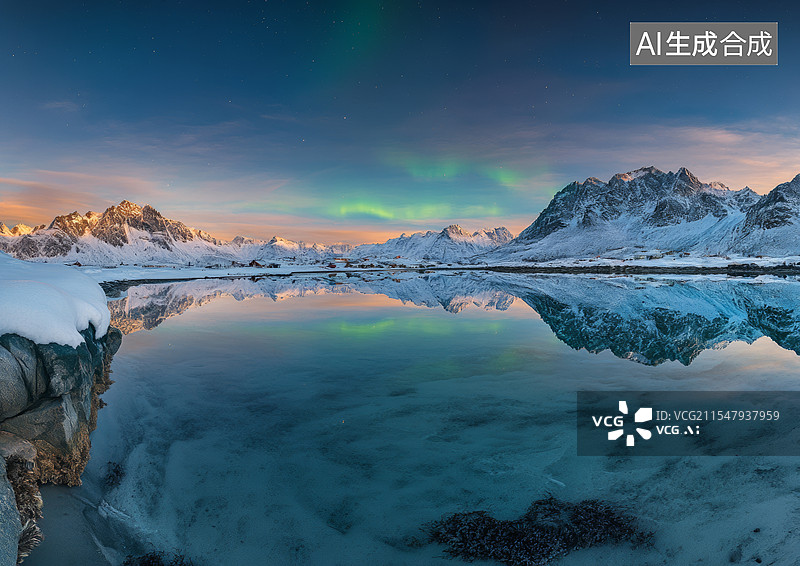 【AI数字艺术】一幅壮丽的自然景观，背景是高耸入云的雪山，前景是一片宁静的湖面。天空中出现了绚丽多彩的极光，色彩斑斓图片素材