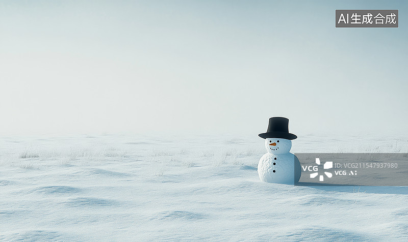 【AI数字艺术】一个可爱的雪人，站在雪地里。雪人戴着一顶黑色的高帽，脸上有黑色的小石子作为眼睛和嘴巴图片素材