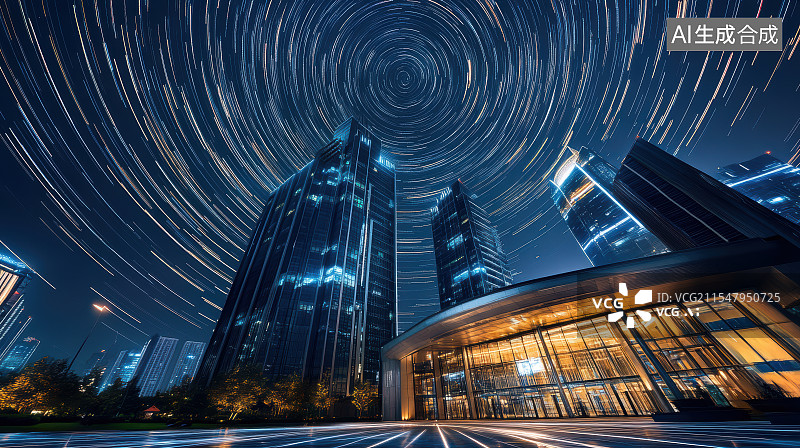【AI数字艺术】星轨与城市天际线夜景图片素材