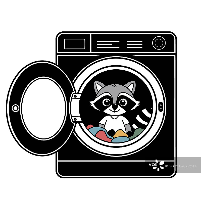 卡通浣熊在洗衣机里图片素材