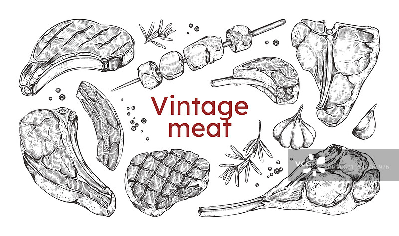 复古肉类牛排素描手绘猪肉图片素材