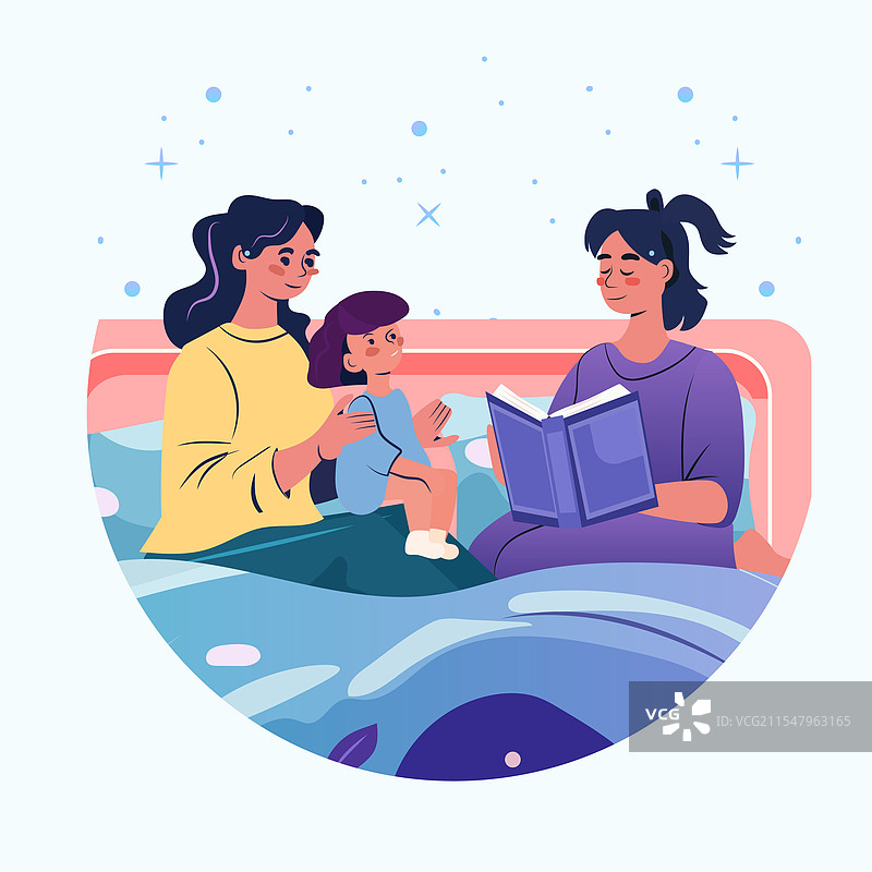 温馨卧室里的家庭睡前故事阅读场景图片素材
