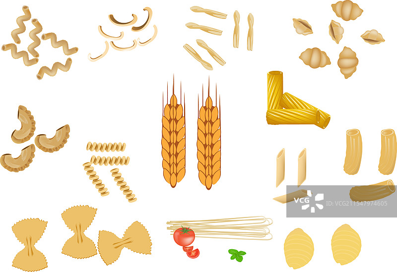 不同形状的意大利面与小麦和番茄图片素材