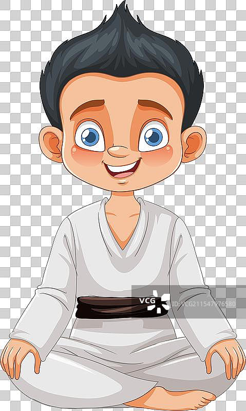 穿着武术服装坐着的卡通小孩图片素材