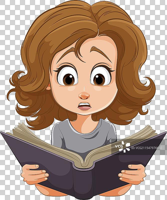 一个眼睛睁得很大的女孩专注地阅读的卡通形象图片素材