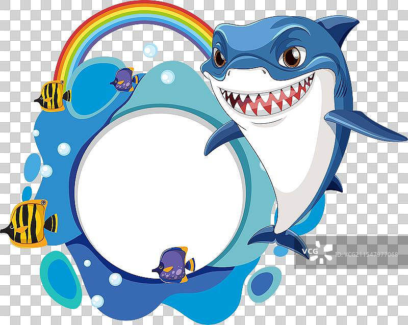 一条鲨鱼与热带鱼和彩虹图片素材