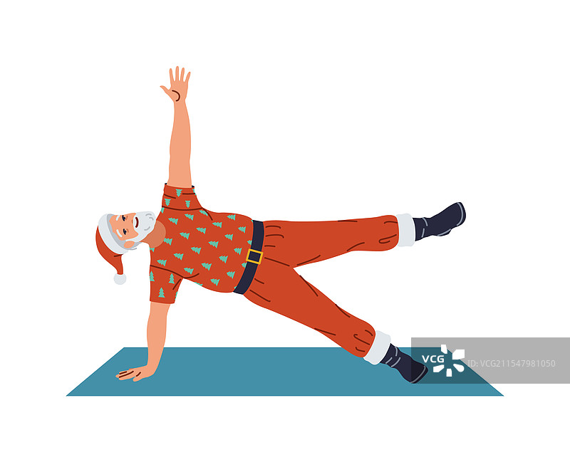 灵活的圣诞老人练习瑜伽，扁平色彩风格图片素材