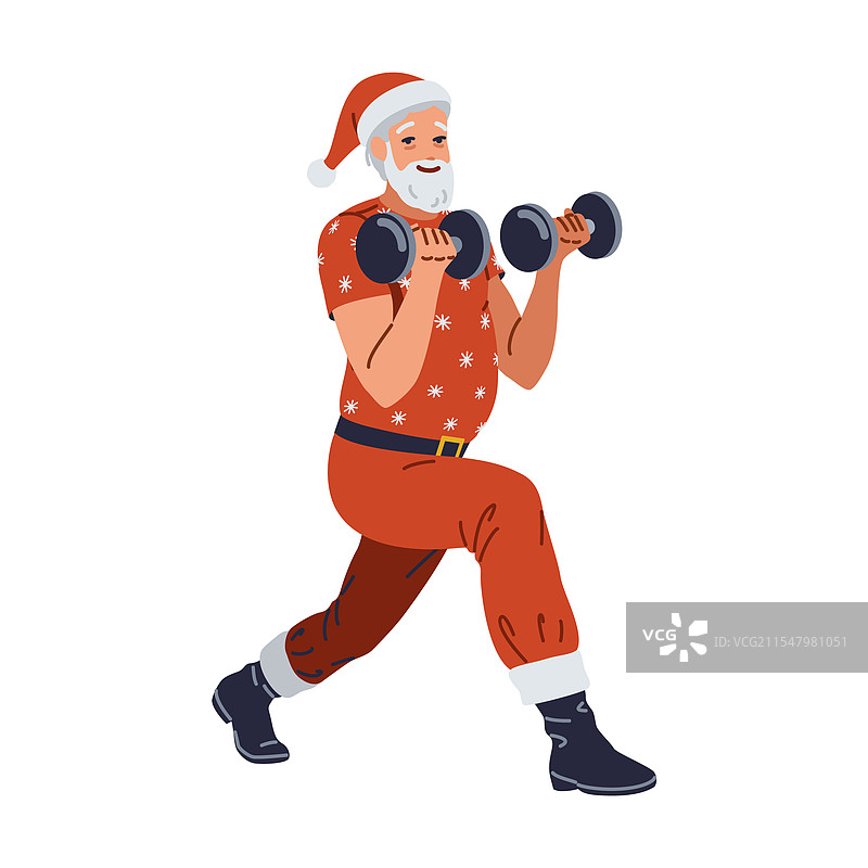 圣诞老人平躺着用哑铃锻炼图片素材