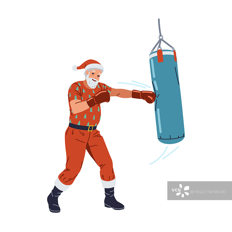 强壮的圣诞老人拳击袋，平面色彩图片素材