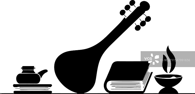 乐器、书籍和蜡烛的剪影图片素材