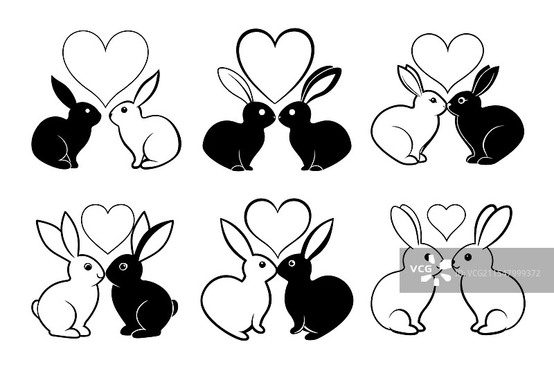 两只兔子的单色剪影与心形图案图片素材